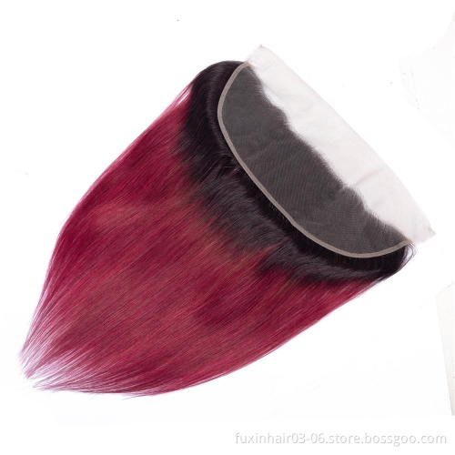 Cheap 1B Burgundy Straight Brazilian Hair Weave Bundles With Frontal Closure